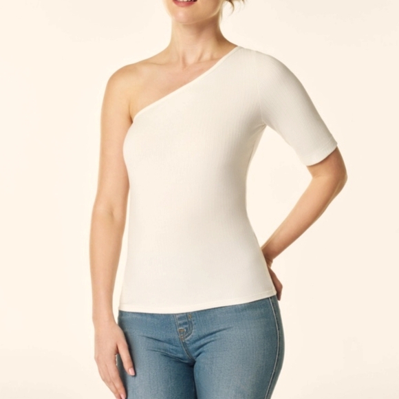 NEW SPANX Plus 2X 18 20 Asymmetrical Cream Powder One Shoulder Rib Top Shirt NWT - Picture 1 of 6